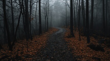 Fototapeta premium Misty autumn forest path.