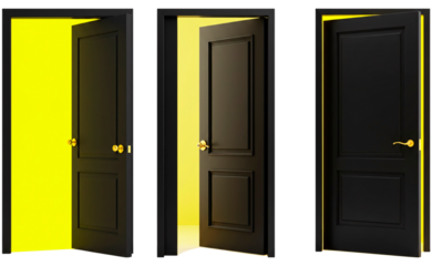 Vibrant black door with golden handle, open doorway, minimalist design, isolated on transparent background
