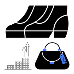 High heels and a structured handbag with a price tag represent fashion retail trends, paired with growth arrows and a bar graph. Ideal for retail, fashion, sales, investment, sustainability, trends