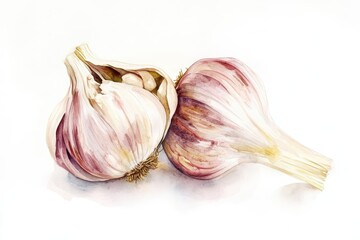 Obraz premium soft watercolor garlic bulb, muted earthy tones, delicate brushstrokes, clean white canvas, natural light, and a simple, organic elegance.