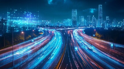 Obraz premium Futuristic Smart City at Night Highway Traffic and Digital Overlay