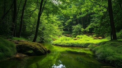 Obraz premium A green forest scene shows lush vegetation around a calm stream