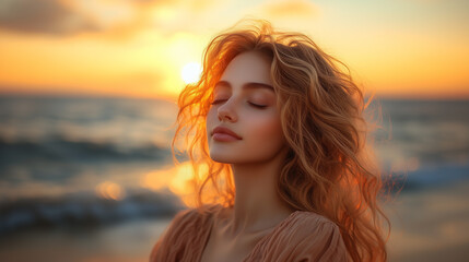 Serene woman with curly hair enjoying a peaceful sunset by the ocean  