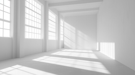 Fototapeta premium Bright, white, empty room with large windows. Sunlight casts shadows on the floor. Modern minimalistic interior design.