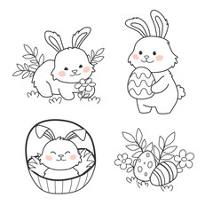 Cute Easter bunny coloring book for Kids. Spring characters for children coloring pages. Traditional symbol of the Easter hunt. Kawaii vector illustration