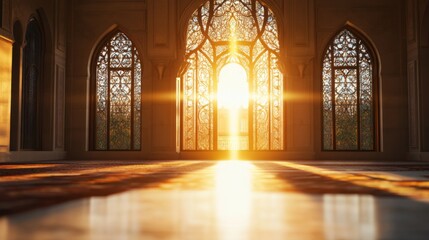Serene Sunrise Through Ornate Windows in Grand Hall