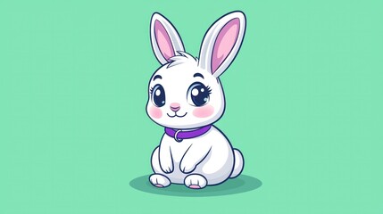 Fototapeta premium Cute cartoon white bunny rabbit with big eyes and a purple collar.