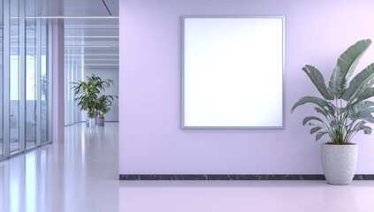 Lavender-walled lobby featuring a blank poster.