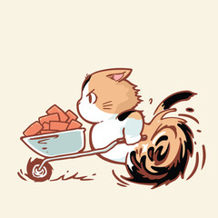 Determined orange cartoon cat is energetically pushing a wheelbarrow filled with bricks, creating a fast-motion effect with swirling lines. The cat has an intense expression, showing effort and focus