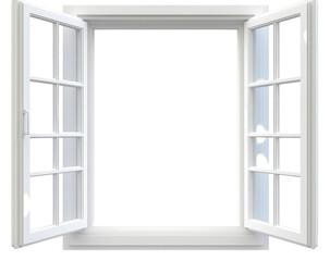 Elegant White Window with Open Shutters Framing a Bright Outdoor Scene, Perfect for Home Decor and Interior Design Projects