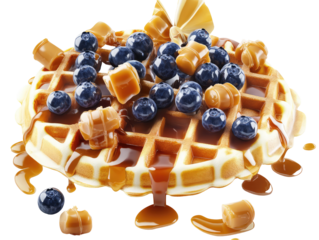 Waffle with Blueberries and Caramel Drizzle on a White Background Perfect for Breakfast and Dessert Photography