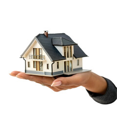 Hand holding a small house on white background 