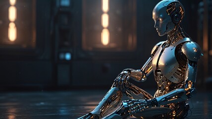 A futuristic humanoid robot sitting cross-legged in a tranquil environment, glowing neural circuits visible through its transparent metallic skin, floating quantum energy surrounding it, serene