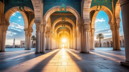 Fototapeta premium Stunning Sunset Light Through Arches in Majestic Architectural Space