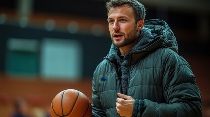 Energetic Coach Motivating Players on a Basketball Court During a Practice Session in a Gym