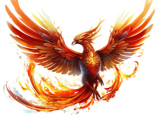 Fototapeta premium Majestic mythical phoenix soaring with vibrant fiery wings and radiant plumage against a transparent background