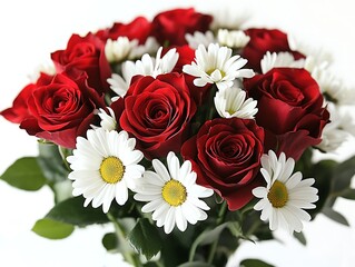 Fototapeta premium Red roses and daisies bouquet on white background
