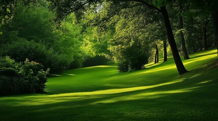 Obraz premium Sunlight streams across a lush green lawn bordered by trees