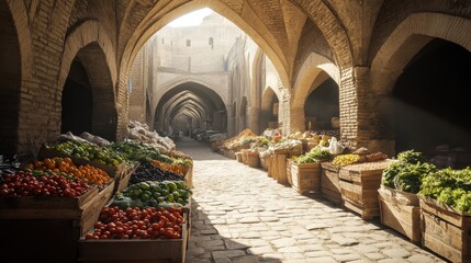 Vibrant Market Scene with Fresh Produce Stalls in Arched Hallway