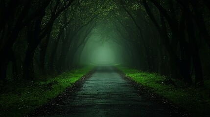 Mysterious foggy road through dark trees.