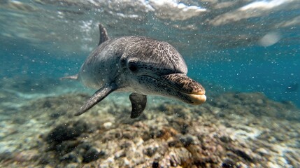 Underwater dolphin in shallow coral reef