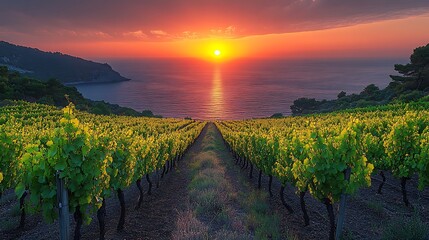 Naklejka premium Vineyard Sunset Coastline Panorama