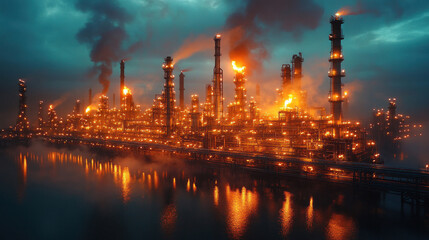 Fototapeta premium Oil refinery at night, with bright flames burning excess gases into the air