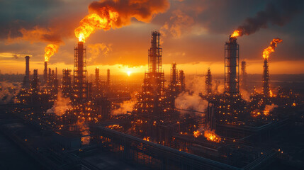 Oil refinery releasing pollutants into the air, with large flames burning excess gases