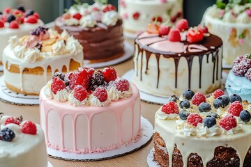 cakes are placed on the table next to each other, each cake has a different color and different decoration. 8k image