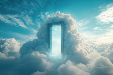 surreal doorway hovers among fluffy white clouds, golden light spills through the frame, soft blue sky fades to infinity, enchanting dreamlike escape.