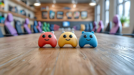 Colorful figurines on meeting table, modern office background, teamwork concept