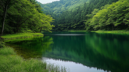 Fototapeta premium A serene lake nestled within a lush, green forest reflects the surrounding trees and foliage