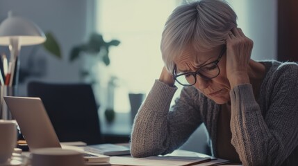 Retirement financial stress in a cozy office. Featuring worry and decision-making