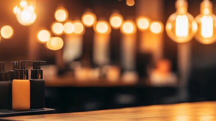 A warm, inviting interior of a modern salon with stylish lighting and elegant products displayed