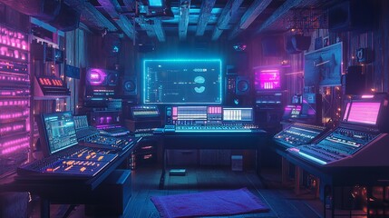 Obraz premium Advanced Media Production Workstation with a Mixing Console, Multiple Screens Displaying Colorful Audio-Visual Data, and Dynamic Red and Blue Lighting for a High-Tech Ambiance