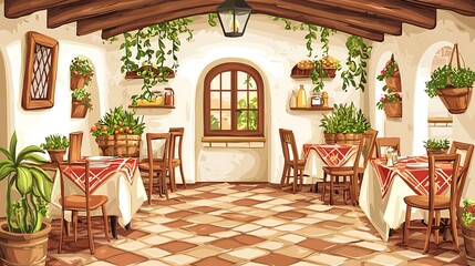 Fototapeta premium Mediterranean Restaurant Patio Illustration.