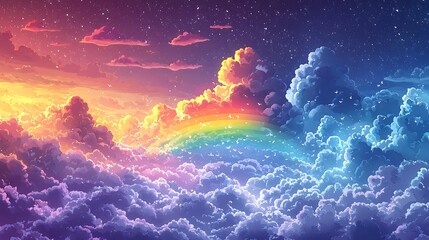 Dreamy Cloudscape with Rainbow and Stars.