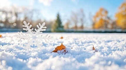 Snowflake in snowy park, autumn leaves, sunny day, winter holiday card