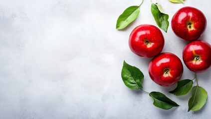 Fresh red apples, arranged on a light gray surface with leaves
