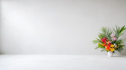 Tropical flowers in vase, minimalist room, bright light