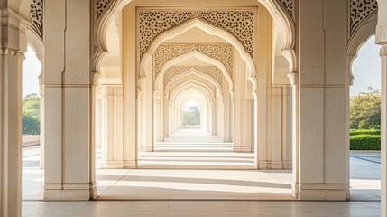 Fototapeta premium Elegant Architecture with Arched Doorways and Warm Sunlight