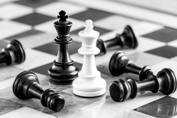 Leader and competition. White Chess King among lying down black pawns on chessboard