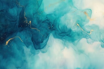 swirling turquoise watercolor blooms across a misty canvas, kissed by faint gold flecks, creating a serene, fluid backdrop with a touch of opulent mystery and grace.