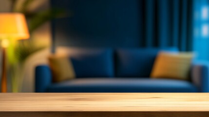 Cozy living room with a wooden table in the foreground and a blue sofa in the background