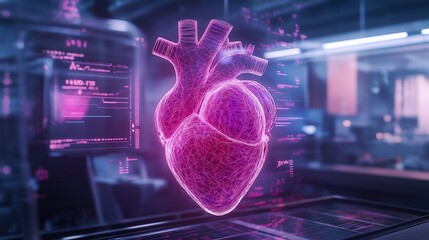 Glowing pink holographic heart projection in a futuristic medical lab, showcasing advancements in AI, digital healthcare, and biomedical research for cardiology and diagnostics.