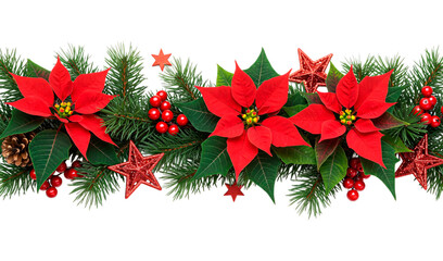 Festive Christmas decoration featuring poinsettia, pine branches, holly berries, red stars, and vibrant colors on transparent background