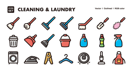 Cleaning and laundry illustration icon set.Simple vector outlines, clipart for graphic design.