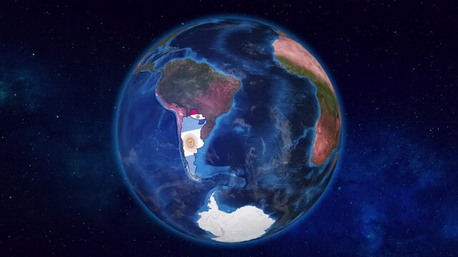 Earth Zooming on Argentina and Paraguay Highlighted with their flags
