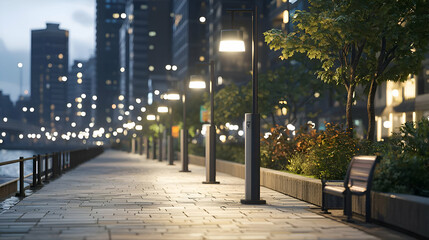 Evening City Walkway with Lights and Trees