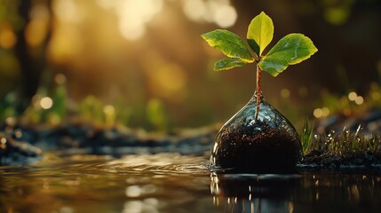 Naklejka premium A small tree seedling sprouting from the ground, surrounded by water and sunlight, symbolizing growth in environmental conservation
